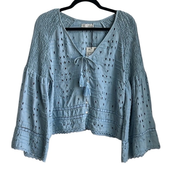 ZARA TRF Collection Blue Eyelet Bell Sleeves Top - Picture 2 of 16